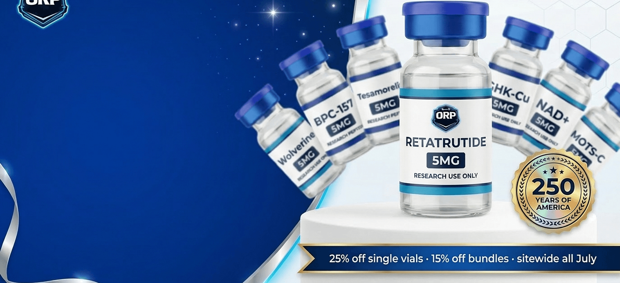 Optimum ReGen Peptides — 250 years of America, 25% off single vials and 15% off bundles sitewide all July