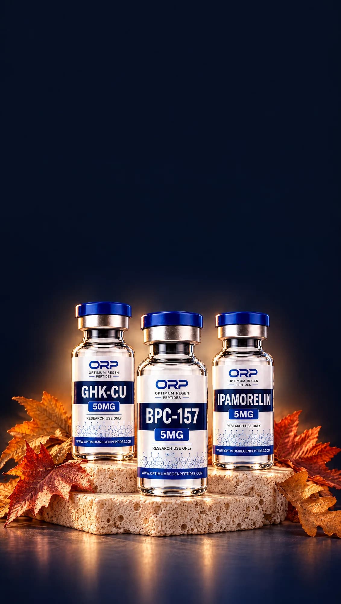 Optimum ReGen Peptides Weekend Sale — 15% off sitewide. GHK-Cu, BPC-157 and Ipamorelin vials on stone with autumn leaves